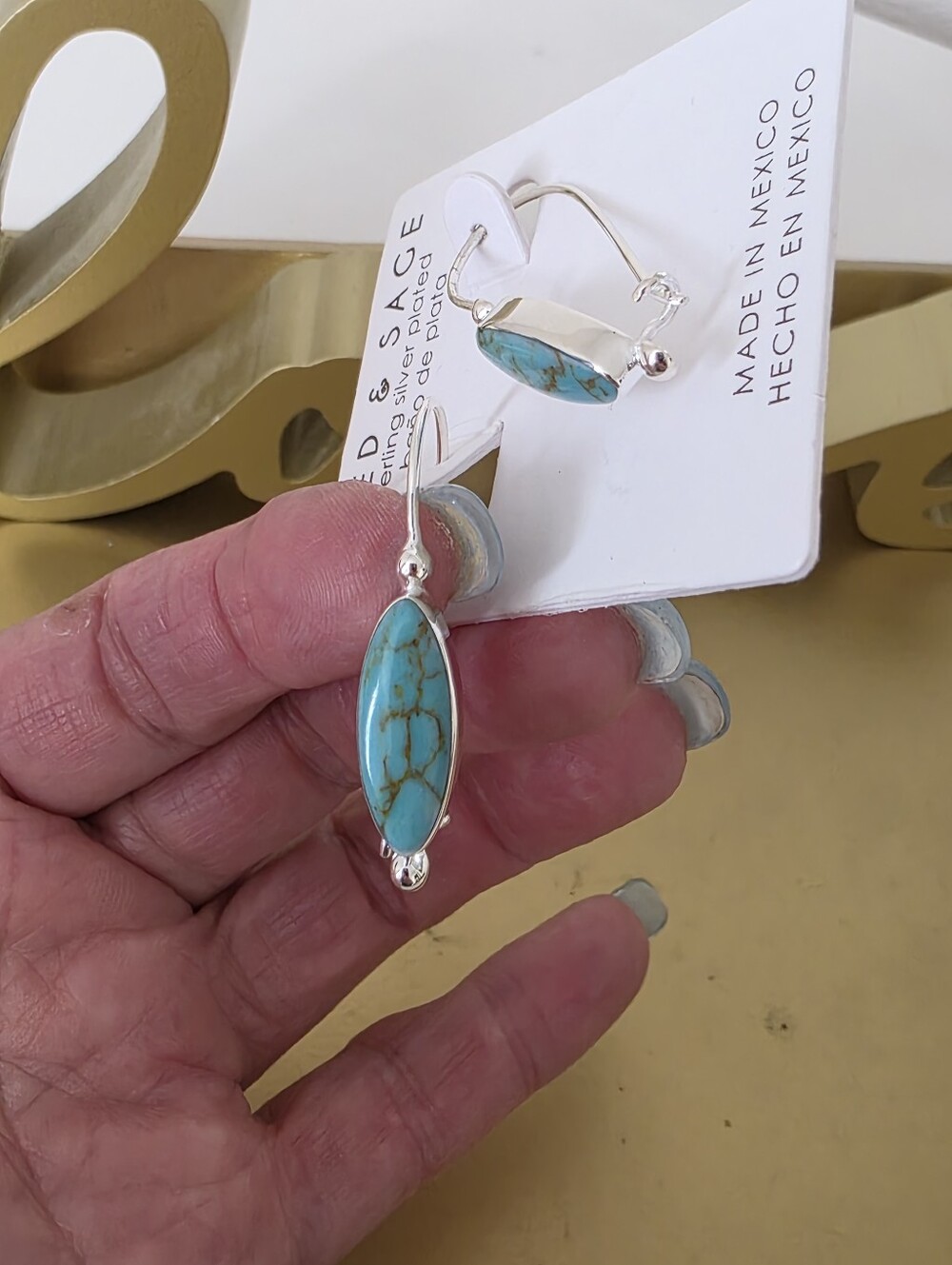 Seed&Sage Sterling Silver Turquoise Marquise Drop Earrings - Made in Mexico